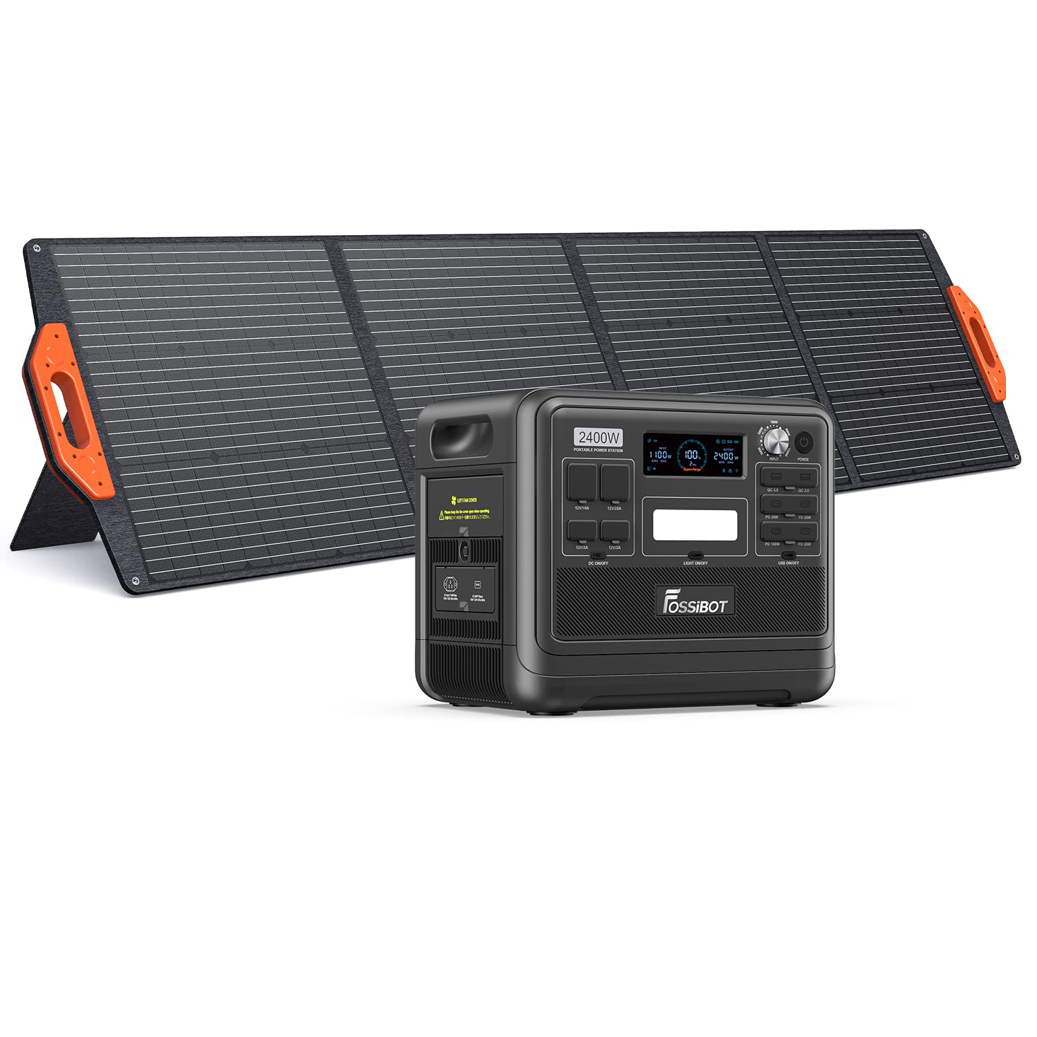 FOSSiBOT F2400 Solar Generator mit 200W Solar Panel, 2400W Tragbare Powerstation 2048Wh LiFePO4 with 3AC Ausgabe (4800W Peak), 13 Steckdosen Stromspeicher für Outdoor, Camping im Wohnmobil Backup