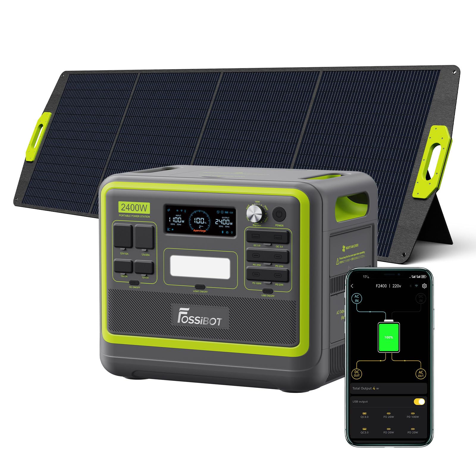 FOSSiBOT F2400 Solargenerator mit Solar panel 400W, 2048Wh, LiFePO4 Tragbare Powerstation, 3 Ausgang AC 2400W (4800W Peak), 1100W Schnellladung, Power Station für Camping, Reisen